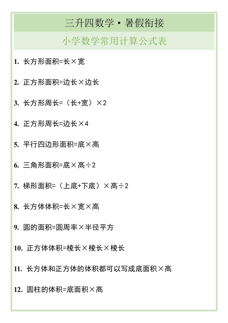 三升四暑假銜接，小學數學常用計算公式表-四上數學