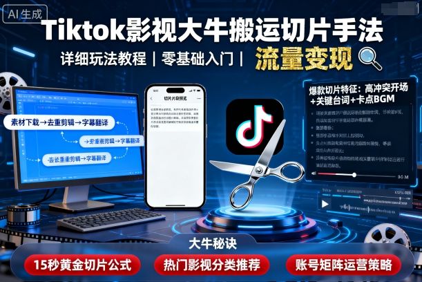 Tiktok影視大牛搬運切片手法,詳細玩法教程