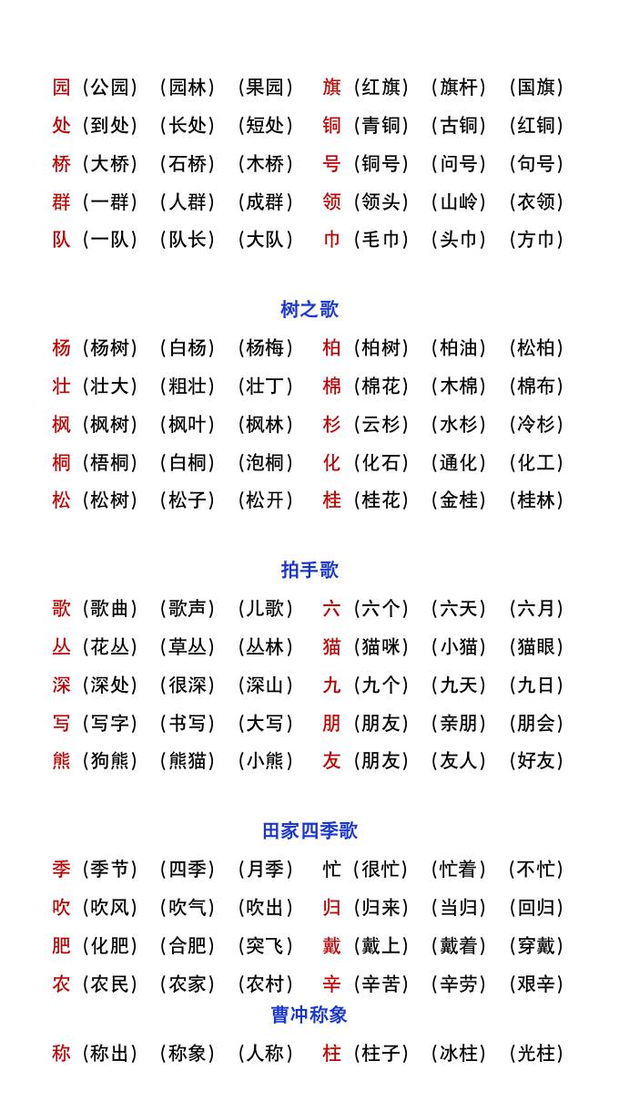 二年級上冊語文暑假預習重點《生字組詞匯總》
