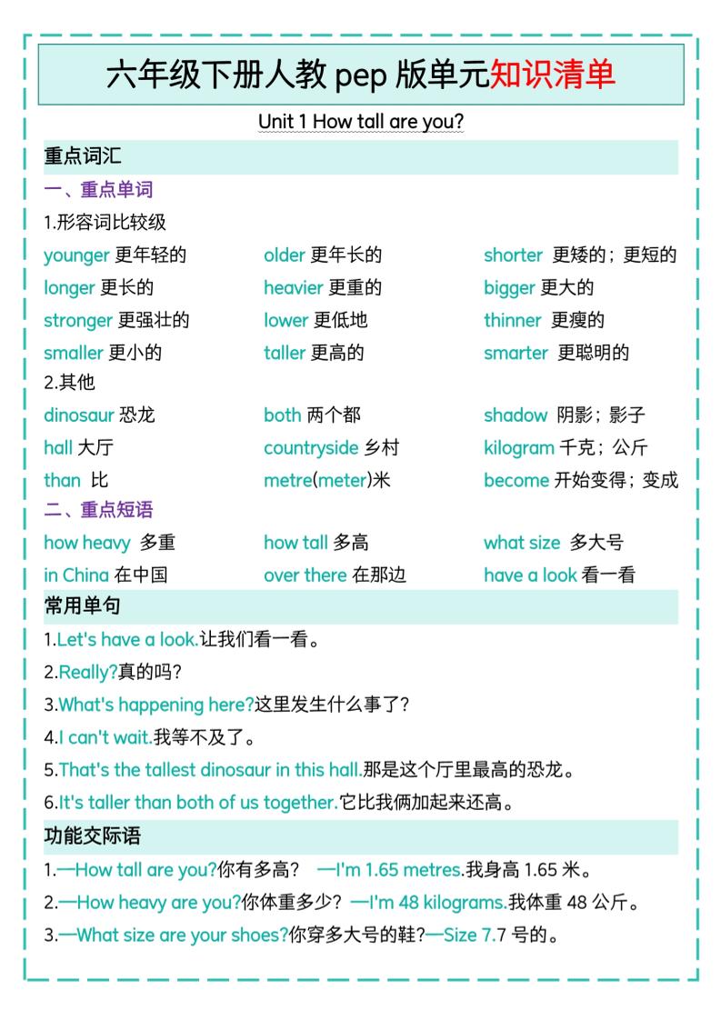 六下英語人教pep版單元知識清單