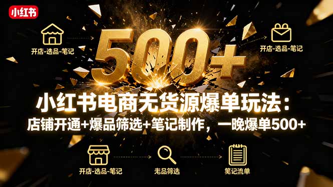 小紅書電商無貨源爆單玩法：店鋪開通+爆品篩選+筆記制作，一晚爆單500+