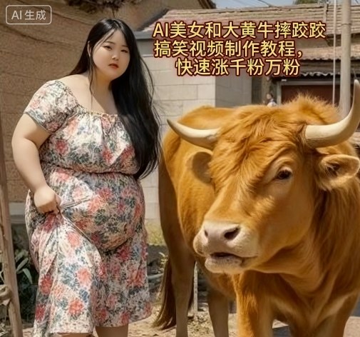 AI美女和大黃牛摔跤搞笑荒誕視頻制作教程，快速漲千粉萬粉