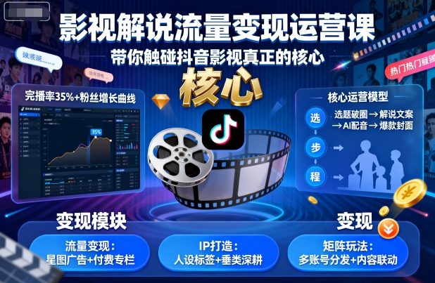 影視解說流量變現運營課,帶你觸碰抖音影視真正的核心