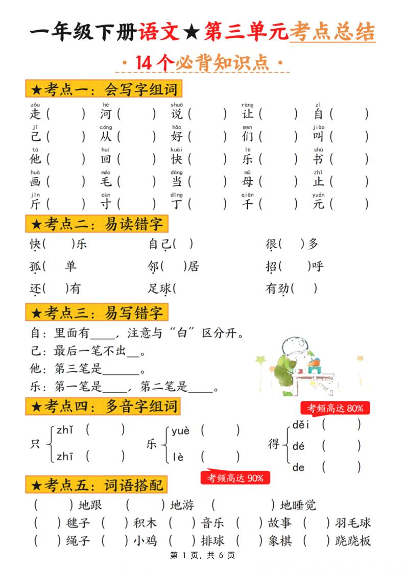 一下語文第三單元考點總結（含練習6頁）