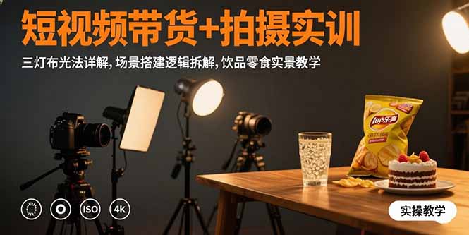 短視頻帶貨+拍攝實訓:三燈布光法詳解,場景搭建邏輯拆解,飲品零食實景教學