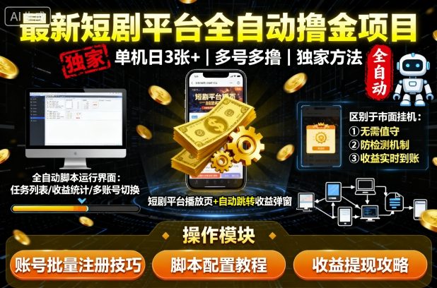 最新短劇平臺全自動掛G擼金項目，單機一天3張+，多號多擼，區別于市面所有掛機項目，獨家方法【揭秘】