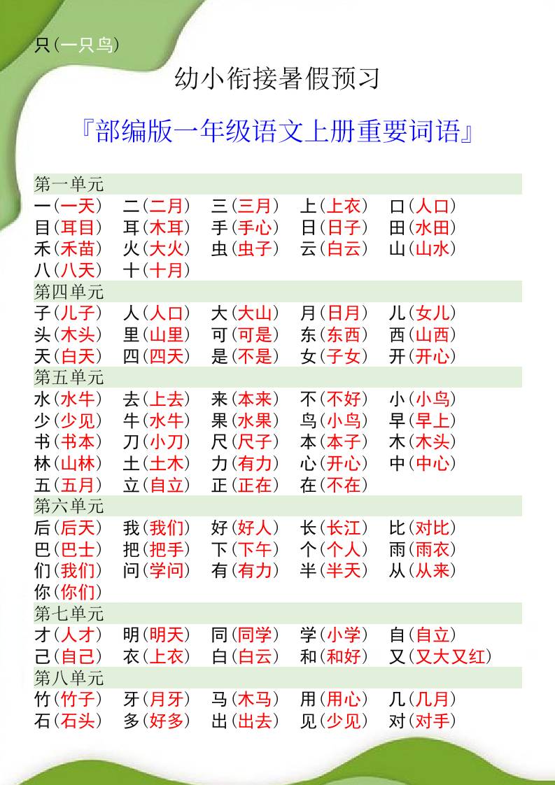 幼小銜接暑假預(yù)習(xí)部編版一年級語文上冊重要詞語