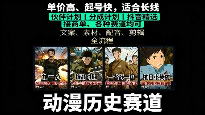 歷史動漫賽道擼分成：起號、文案、素材、配音、剪輯，單視頻收益破萬