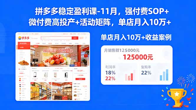 拼多多穩定盈利課-11月,強付費SOP+微付費高投產+活動矩陣,單店月入10w+