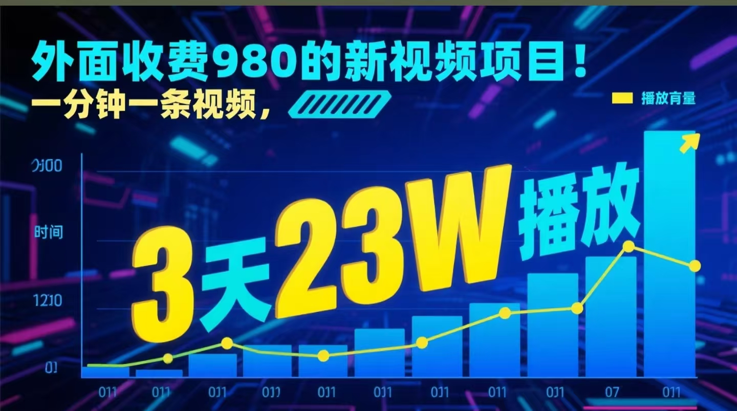 外面收費980的新視頻項目，一分鐘一條視頻，3天23W播放