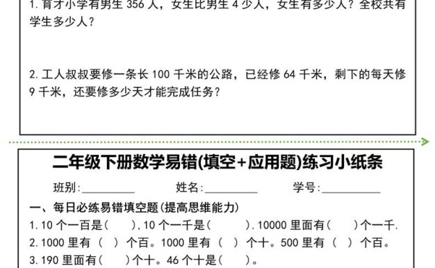 二年級下冊數學易錯(填空+應用題)練習小紙條-高清無水印完整版本